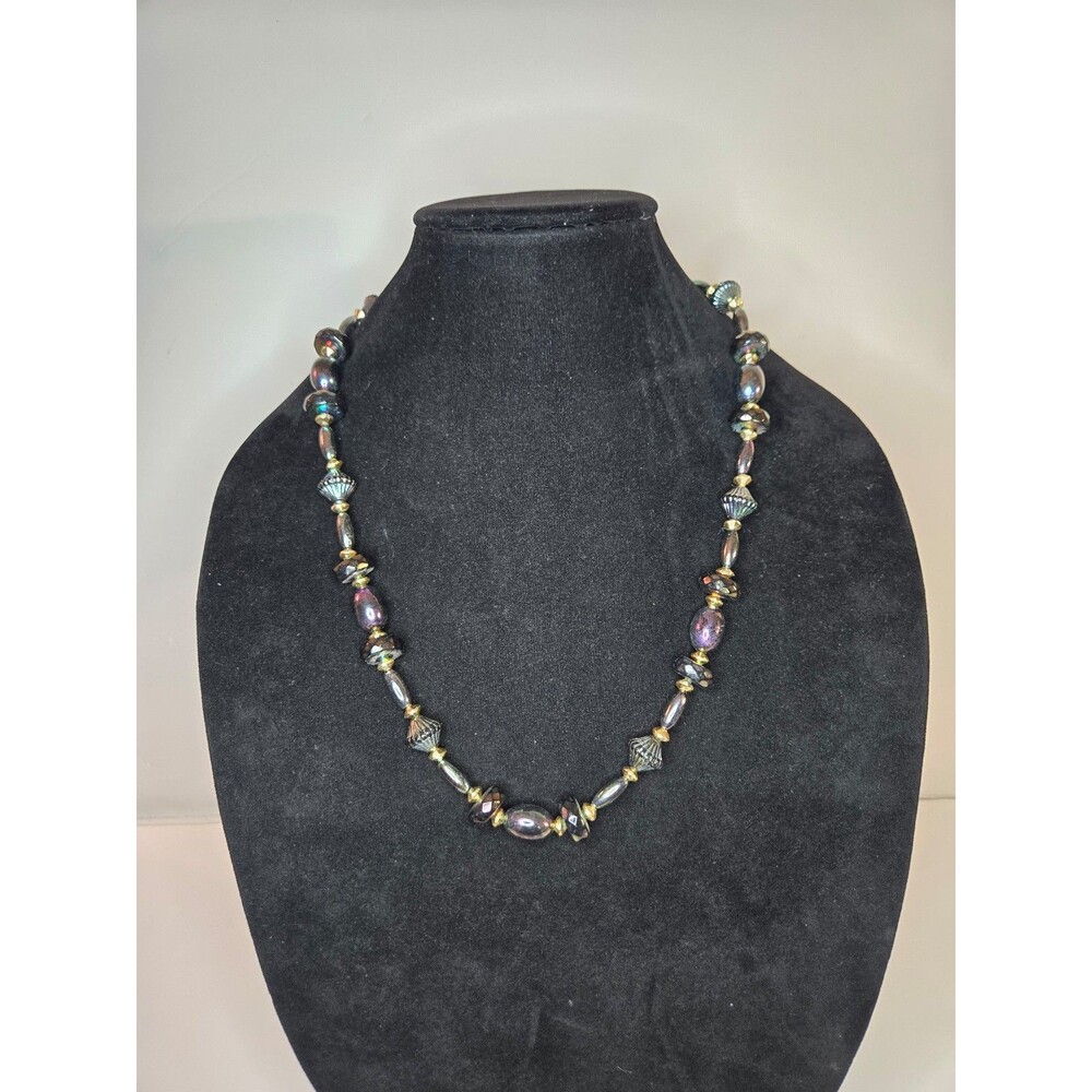 Gold Tone Beaded Necklace Iridescent Beads Black Blue Purple